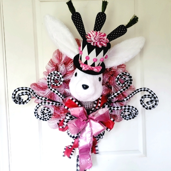 Spring Bunny Wreath Deco Mesh Bow Plush Rabbit - Picture 3 of 12
